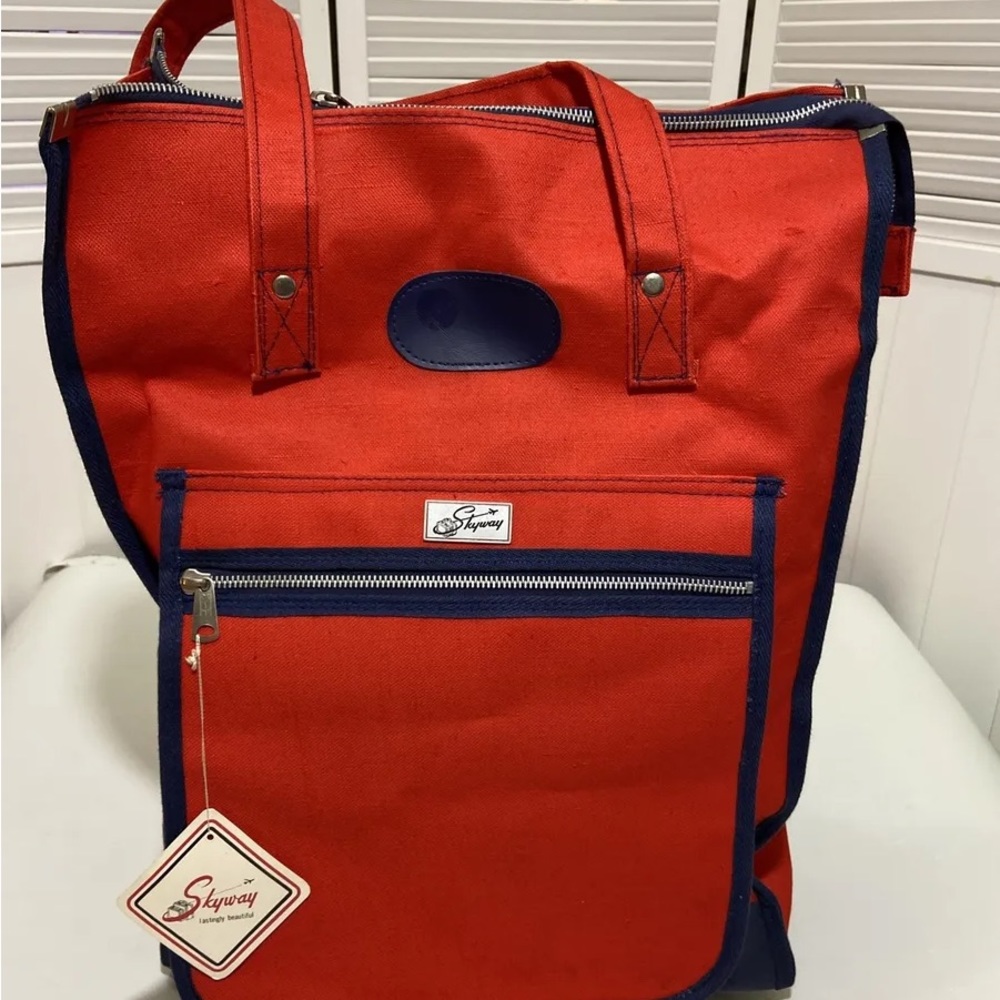 Vintage, red and navy blue, rolling wheels, canvas, tote bag for travelling